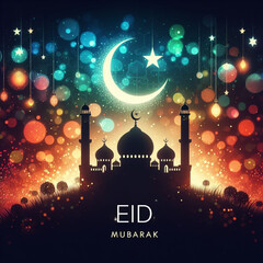 Eid Mubarak greeting card with silhouette mosque and bokeh background