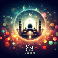 Eid Mubarak card with silhouette mosque and bokeh background