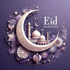 purple Eid Mubarak greeting card with crescent moon, mosque and floral decor