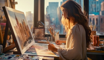 A woman artist stands at a table with an easel with a brush in her hand and paints a bright cityscape on canvas against the backdrop of a window with sunset light.  Generated AI
