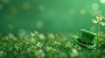Solid green background with lots of free space with a bit of a realistic small photo of Cloverleaf 