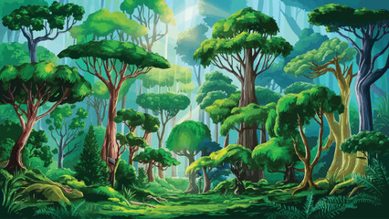 Enchanting Vector Forest: Vibrant Illustration Featuring a Variety of Trees