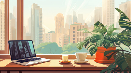Illustration with desktop with laptop, coffee cup and tropical plant in front of a window in a big city with morning sunlight. Generative AI.