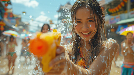 A delighted young girl partakes in the lively street festivities of Thailand's Songkran Festival, engaging in a playful water fight with a water gun. - obrazy, fototapety, plakaty