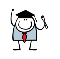 Satisfied businessman in business suit received diploma. Student in an academic cap holds paper, has improved his qualifications, and has completed his studies. Isolated cartoon on white background.