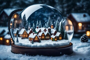 Winter scene with a magical snow globe displaying a miniature holiday village - obrazy, fototapety, plakaty