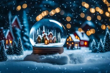 Winter image featuring a stunning snow globe exhibiting a little holiday village. - obrazy, fototapety, plakaty