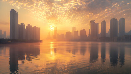 Fototapeta na wymiar Golden Hour in the Metropolis: An Asian Cityscape at Sunset