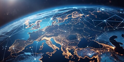 The idea of a global network and connectivity on Earth, data transfer and cyber technology, information exchange and international telecommunication, and the digital globe centered on Europe
