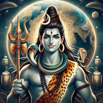 Lord Shiva's portrait against Earth in the background
