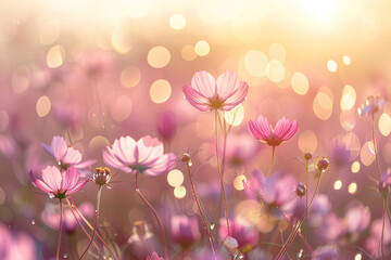 Beautiful pink flowers in a field, soft light bokeh background, summer atmosphere