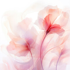 Fototapeta na wymiar A composition of delicate transparent pink flowers, with smooth lines in a modern style on a white background. Concept for postcard or invitation layout. Generated AI