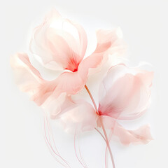 A composition of delicate transparent pink flowers, with smooth lines in a modern style on a white background. Concept for postcard or invitation layout. Generated AI