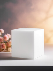 Minimalistic composition of an empty white cube and a bouquet of flowers on a soft gradient background. Mockup for demonstrating or advertising a product. Generated AI