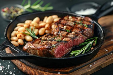 Cast Iron Pan Ribeye Steak with White Beans, Top View
