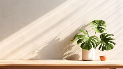 Empty desktop with cup and flowerpot with monstera tree against a light wall with morning light. The concept of a cozy room  in a Scandinavian style. Generated AI
