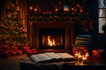 Cozy book nook with holiday-themed books and a fireplace emit a soothing warmth.