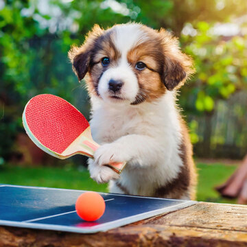 탁구치고 있는 귀여운 강아지