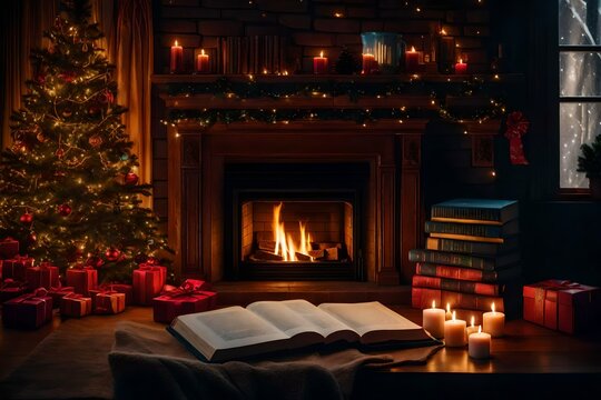 Cozy book nook with holiday-themed books and a fireplace emit a soothing warmth.