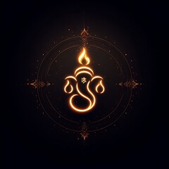 Lord Ganesha portrait in the form of golden outlines against a dark background