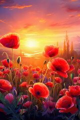 Panoramic view of the sunlight or sunset over the mountains, with a field of bright red  poppies with magic light. Generated AI. Beautiful layout for a postcard