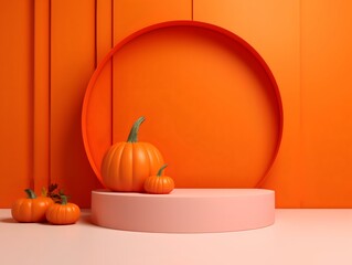 Base Podium, Orange Background, Orange Room, With A Halloween Pumpkin On The Side, Orange Wall