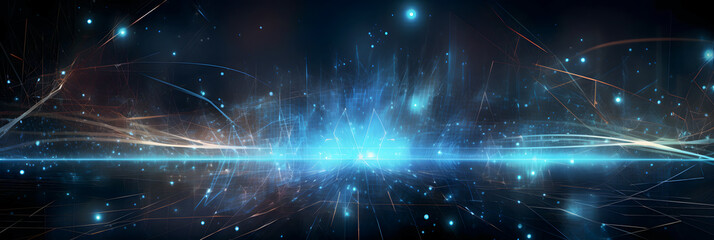 Obraz premium Abstract technology banner background, Network light effect, blue and orange color. Concept visualization of sound waves. Generation AI.