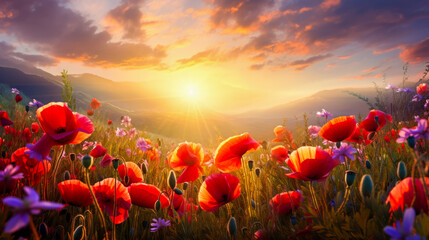 Panoramic view of the sunlight or sunset over the mountains, with a field of bright red and purple wildflowers and poppies with magic light. Generated AI. Beautiful layout for a postcard