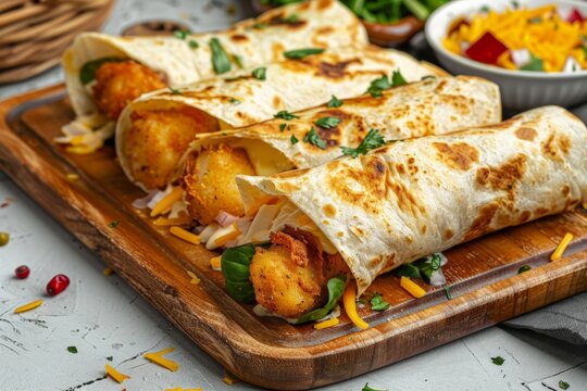 Fish Finger Tortilla Rolls with Fresh Veggies and Cheese
