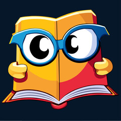 A cartoon book with big eyes and glasses looking curious.