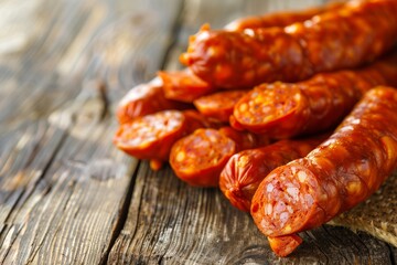 Spicy Spanish Chorizo on Rustic Wooden Texture