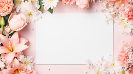 Frame of different flowers around a blank white card or piece of paper on a pink background. Layout concept for invitation or announcement design. Generated AI.