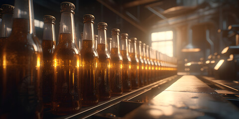 Glass bottles of beer on brewery plant production line, banner dark background with sun light