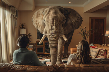 Addressing the elephant in the room concept, a couple sitting in the living room together avoiding a difficult conversation - obrazy, fototapety, plakaty