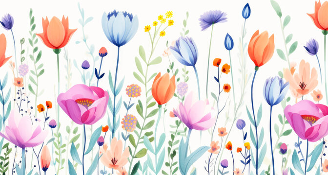 Wildflowers and leaf pattern on a white background in watercolor scandinavian style. AI generated. Flat illustration for design, postcard or print.