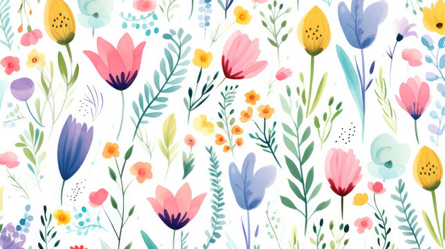 Wildflowers and leaf pattern on a white background in watercolor scandinavian style. AI generated. Flat illustration for design, postcard or print.