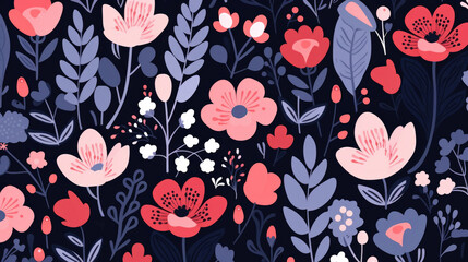Wildflowers and leaf pattern on a dark background in watercolor style. Generated AI. Illustration for design, postcard or print.