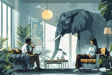 Addressing the elephant in the room concept, a couple sitting in the living room together avoiding a difficult conversation - Powered by Adobe