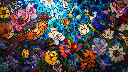 Colorful Birds in a Stained Glass Garden