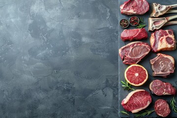 Prime Cuts of Marbled Beef and Dry Aged Steaks on Dark Background
