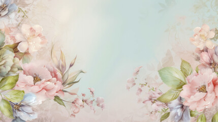 A delicate frame of different flowers, complemented by a pastel gradient background in a vintage style. Generated AI. Layout concept for invitation or announcement design.