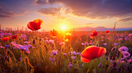 Panoramic view of the sunlight or sunset over the mountains, with a field of bright red and purple wildflowers and poppies. Generated AI. Beautiful layout for a postcard - obrazy, fototapety, plakaty