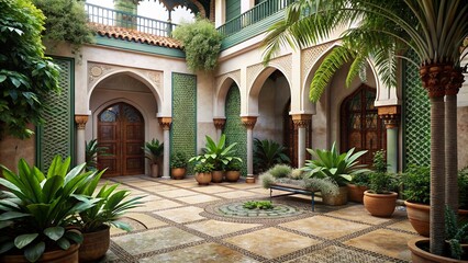Fototapeta na wymiar Moroccan style tiled courtyard with stunning architecture and beautiful plants