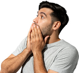 Surprised beard Caucasian man with hands covering mouth PNG file no background 