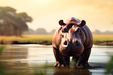 Portrait of a big male Hippo against savanna river ambience background with space for text,...