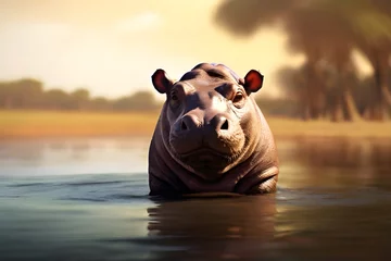 Plexiglas foto achterwand Portrait of a big male Hippo against savanna river ambience background with space for text, background image, Generative AI © Jaon