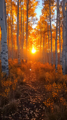 The sun sets with a fiery glow, casting a warm light through an aspen forest in autumn, creating a mesmerizing and tranquil path.