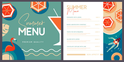 Retro summer restaurant menu design with cocktail, flamingo and beach top view. Vector illustration - 760440607