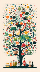 This whimsical illustration artfully arranges a variety of healthy ingredients into a tree, showcasing a bounty of fruits, vegetables, and condiments.