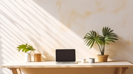Desktop with laptop, coffee cup and flowerpot with palm tree against a light wall with morning light. The concept of a cozy home office in a Scandinavian style. Generated AI